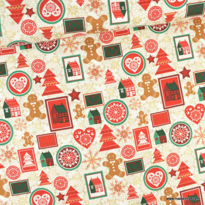 Tissu coton motifs de Noël métallisés , pain d'épice et maisons fond écru