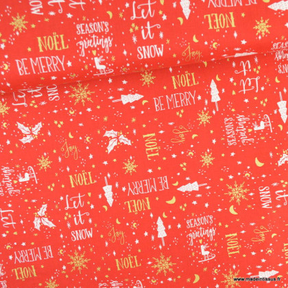 Tissu coton de Noël motifs inscriptions or et houx