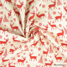 Tissu coton de Noël motifs biches et sapins rouge fond écru