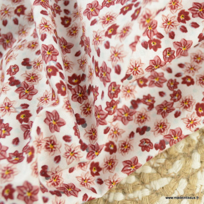 Tissu Popeline en coton Bio & oeko tex motifs floral Brique