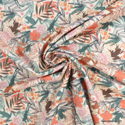 Voile de coton style Liberty à motifs fleurs et grenouilles fond blanc cassé- Oeko tex