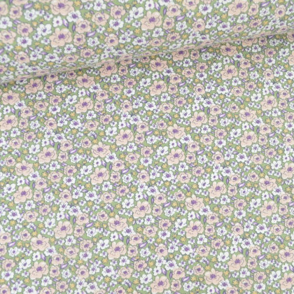 Tissu coton imprimé fleurs Kalmia Asperge et abricot - Oeko tex