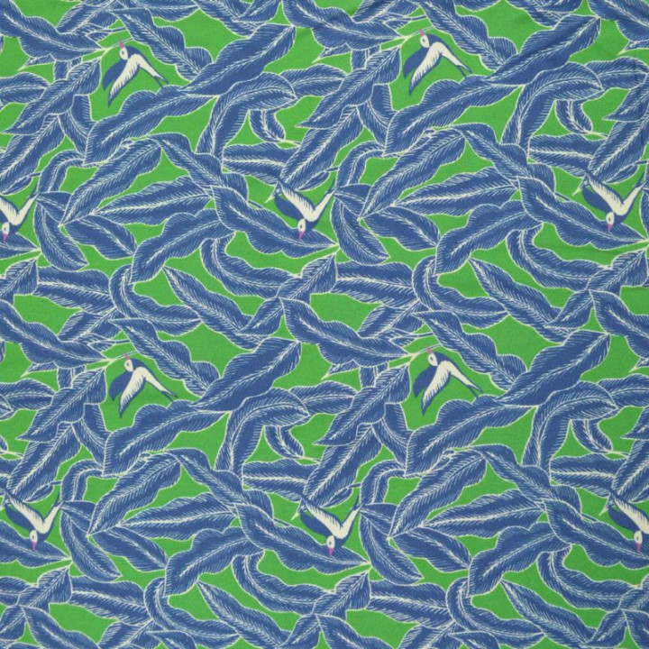 Tissu Viscose Elvire motifs feuilles et oiseaux vert et indigo - Oeko tex
