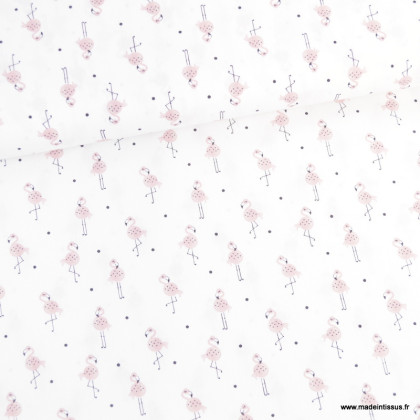 Tissu popeline de coton motifs flamants rose fond blanc - oeko tex