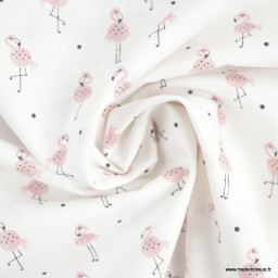 Tissu popeline de coton motifs flamants rose fond blanc - oeko tex