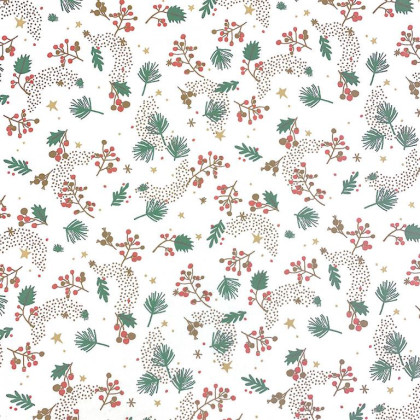 Tissu coton Orvar motifs feuilles de houx et feuillage fond blanc - Oeko tex