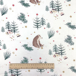 Tissu coton Ludwig motifs ours et foret enneigée fond blanc - Oeko tex