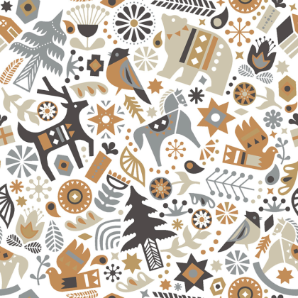 Tissu coton Groenland gris et lin motifs sapins de Noël et animaux - Oeko tex