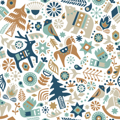 Tissu coton Groenland cannelle et céladon motifs sapins de Noël et animaux - Oeko tex