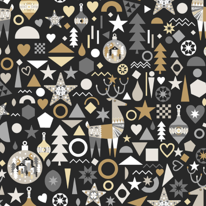 Tissu coton Stanislas anthracite motifs boules de Noël et animaux - Oeko tex