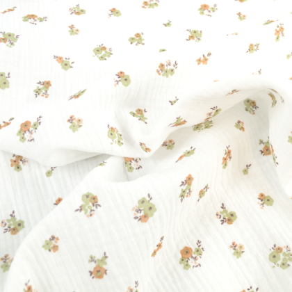 Tissu Double gaze Hope coton motif fleurs camel fond blanc - oeko tex
