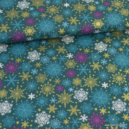 Tissu de Noël motif Etoiles de neiges or fond pétrole - Oeko tex