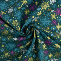 Tissu de Noël motif Etoiles de neiges or fond pétrole - Oeko tex