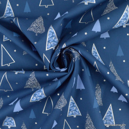 Tissu de Noël motif sapins argentés fond bleu - Oeko tex