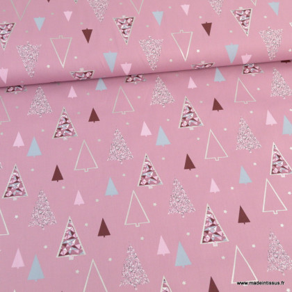 Tissu de Noël motif sapins argentés fond rose - Oeko tex