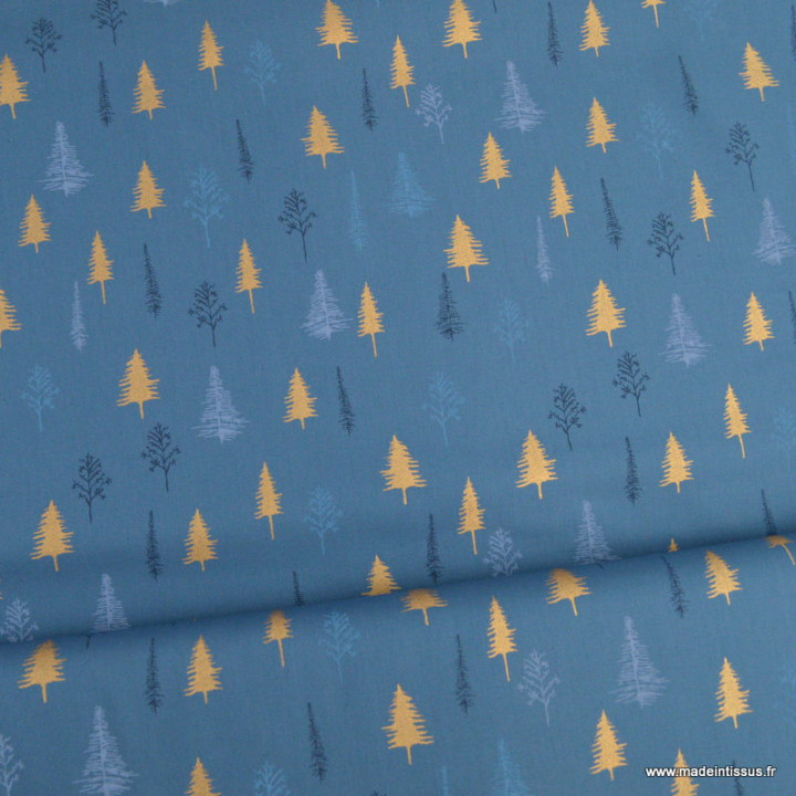Tissu de Noël motif sapins or et arbres fond bleu - Oeko tex