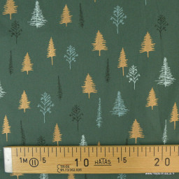 Tissu de Noël motif sapins or et arbres fond vert - Oeko tex