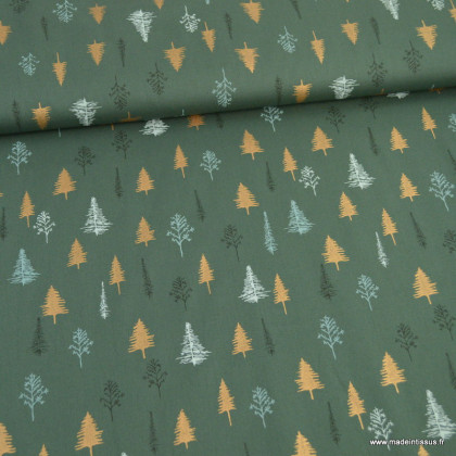 Tissu de Noël motif sapins or et arbres fond vert - Oeko tex