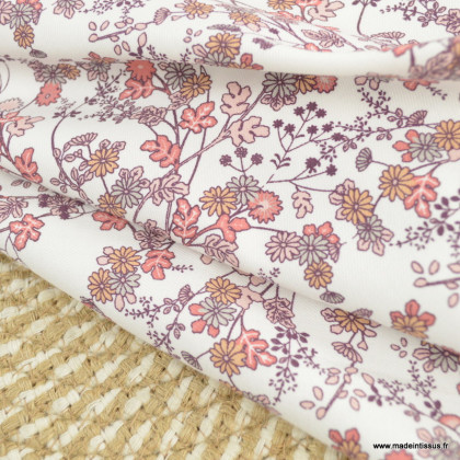 Tissu sergé de coton à petites fleurs sur tiges fond blanc