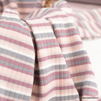 Tissu jersey côtelé à rayures roses et grises