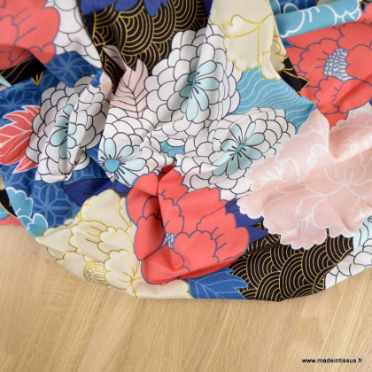 Tissu Popeline coton imprimé fleurs corail "Tokyo Dream" par Alexander Henry