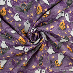 Popeline Bio Halloween motif fantômes et chauves souris -  oeko tex