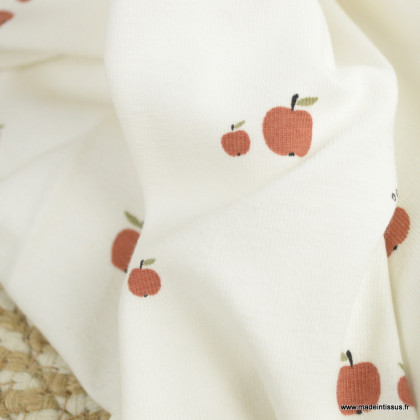 Tissu jersey motifs pommes vieux rose fond blanc cassé - Oeko tex