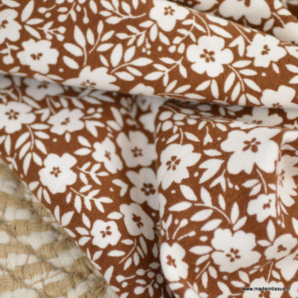 Tissu jersey motifs fleurs fond écureuil - Oeko tex