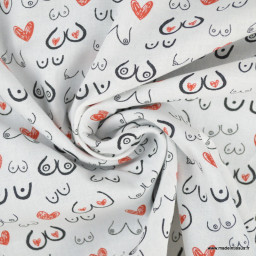 Tissu coton Topless motifs poitrines fond blanc - Oeko tex