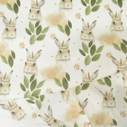 Tissu coton Panpan motifs lapins et feuillage fond blanc - Oeko tex