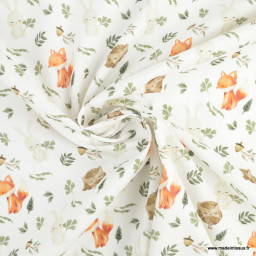 Tissu coton Roxibou motifs lapins, hiboux et renards fond blanc - Oeko tex