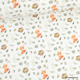 Tissu coton Roxibou motifs lapins, hiboux et renards fond blanc - Oeko tex