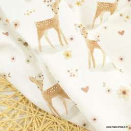 Tissu coton Elafina motifs chevreuil et fleurs fond blanc - Oeko tex