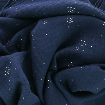 Tissu Double gaze coton Glitter pluie d'éclats Argentés coloris indigo.