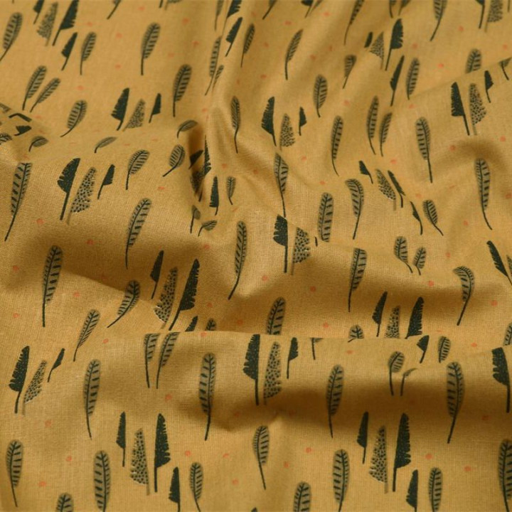 Tissu coton Plumosaure motifs plumes fond curry - Oeko tex