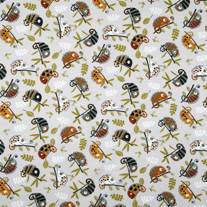 Tissu coton Pascal motifs caméléon fond naturel - Oeko tex