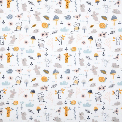 Tissu coton Souricette motifs souris et champignons fond blanc - Oeko tex