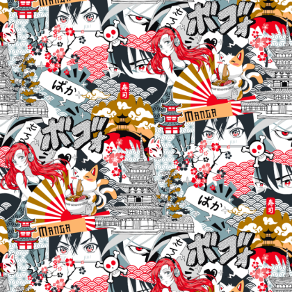 Tissu coton Kawai motifs manga rouge et bleu - Oeko tex