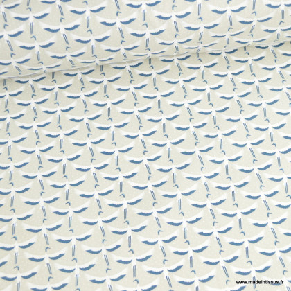Tissu coton imprimé Grue lin et indigo - label Oeko tex class 1