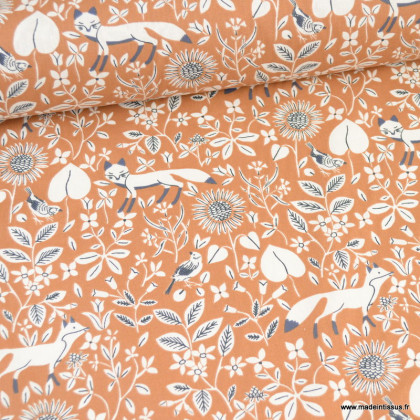 Tissu coton Campana motifs renards et feuillage fauve - label Oeko tex class 1