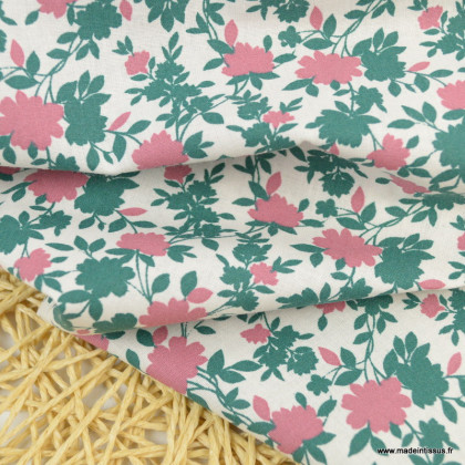 Tissu coton Javamini imprimé fleurs vert sapin et rouge - Oeko tex