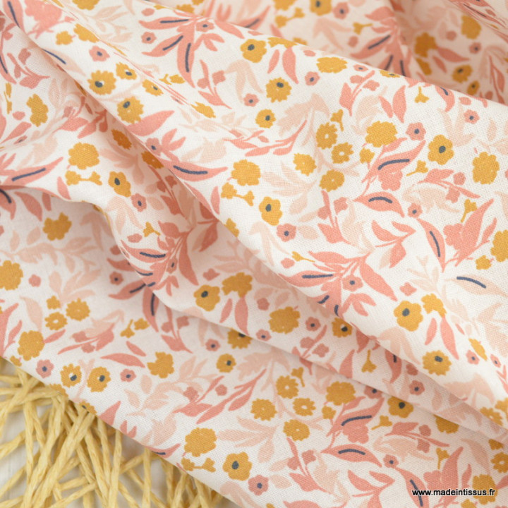 Tissu coton Tisania imprimé fleurs Marsala et Ocre - Oeko tex
