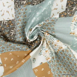 Tissu coton Enduit Jill motif patchwork charbon et caramel -  Oeko tex