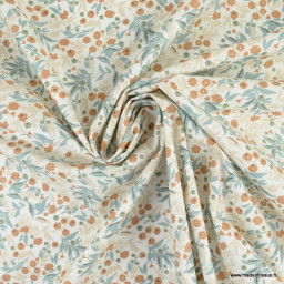 Tissu coton Enduit Tisania motif fleuri brume et camel -  Oeko tex