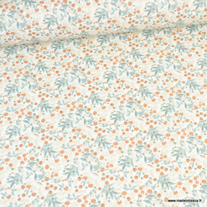 Tissu coton Enduit Tisania motif fleuri brume et camel -  Oeko tex