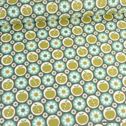 Tissu coton Enduit motifs pommes et fleurs vintage