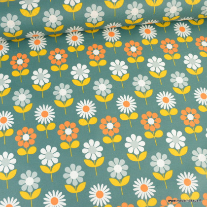 Tissu coton Enduit Daisy motifs fleurs vintage fond vert