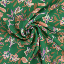 Tissu Viscose Metta motifs fleurs vert feuille et violet - Oeko tex