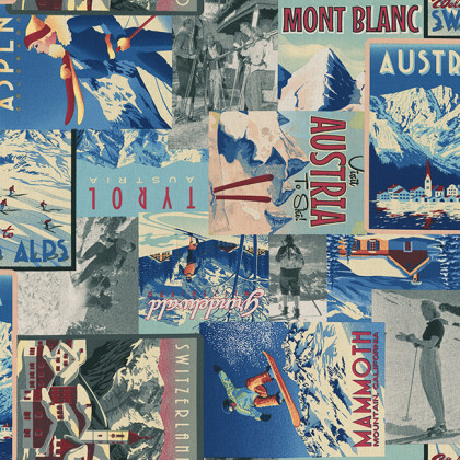 Tissu toile aspect lin Ski Vintage montagne - Oeko tex