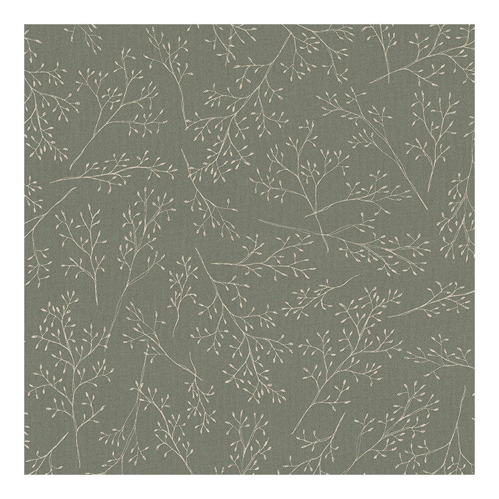 Tissu toile aspect lin motifs branches fond vert